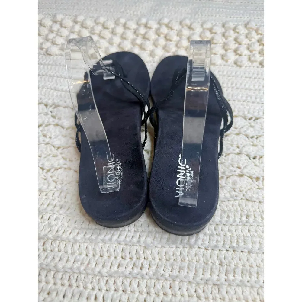 VIONIC ORTHAHEEL Women's 10 Minimal Flip Flop Strappy Sandal Shoes Black Suede